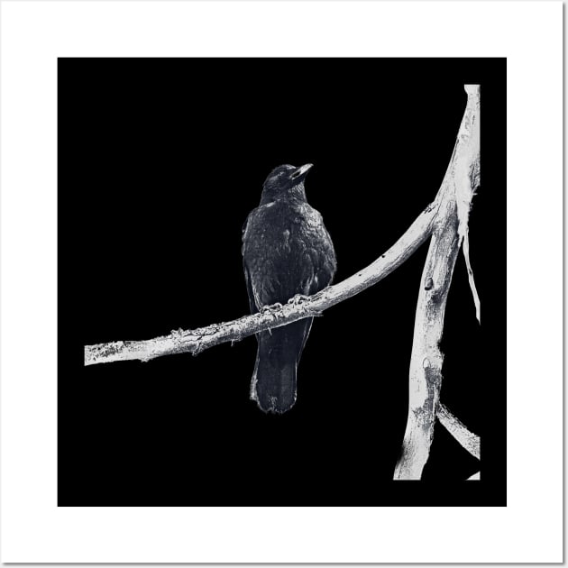 dark drawing of crow on a branch Wall Art by Taya Johnston
